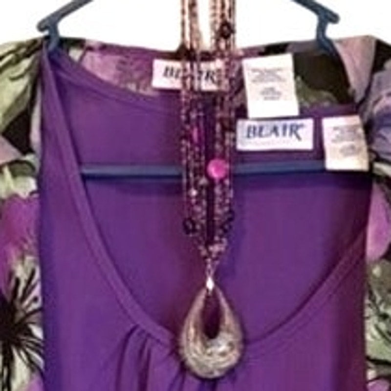 Blair Women's 3-Piece Purple Tank Top & Floral Cardigan Set L Necklace