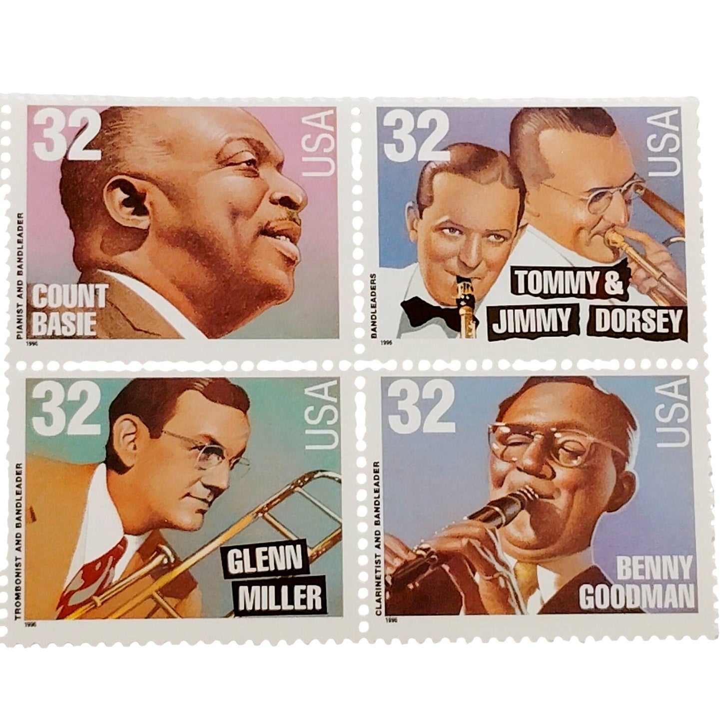 Block of 4 – 1996 USA 32¢ Big Band Leaders MNH Scott 3096–3099 Set