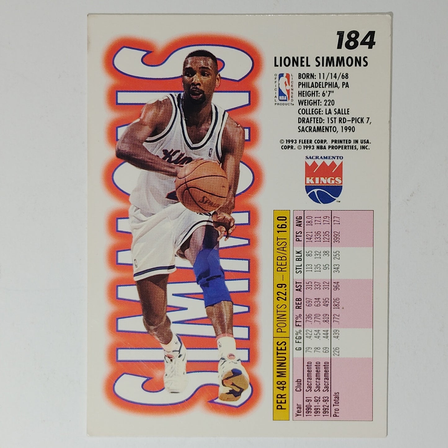 1993–94 Fleer Lionel Simmons #184 – Sacramento Kings – Forward – NBA Card
