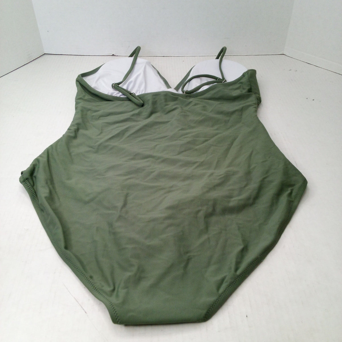 Olive Green Ruched One-Piece Swimsuit XL V-Neck Adjustable Straps Lined