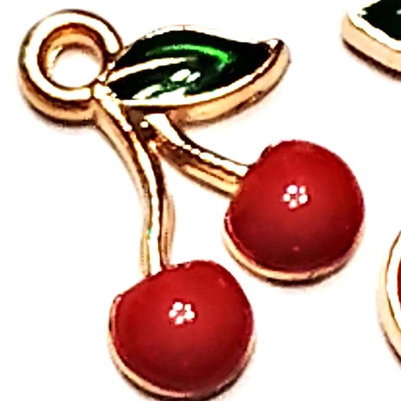 Cherry Charms Pair Gold‑Tone Red & Green Enamel 1/2–5/8" Jewelry Making Pendants