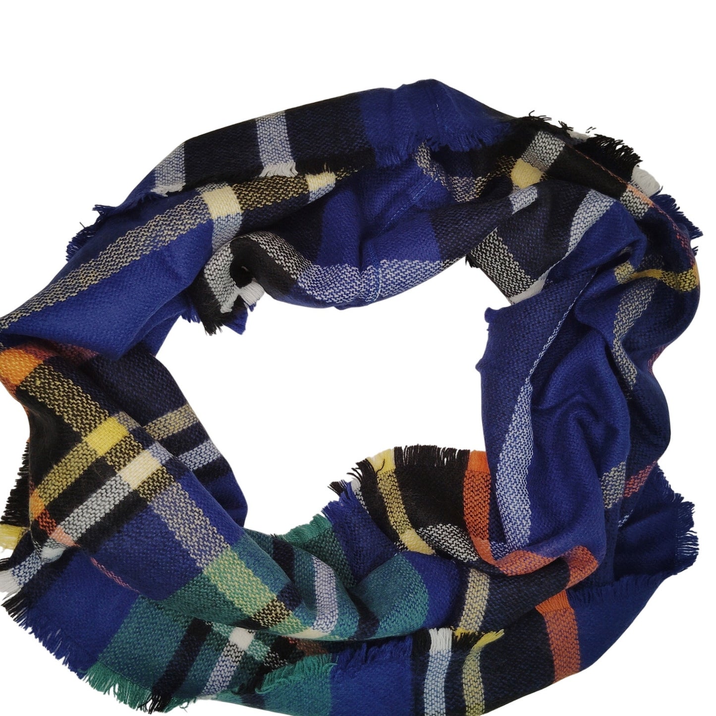 Lucky Leaf Infinity Scarf w/ Tassels Lightweight 100% Acrylic Navy Blue Plaid