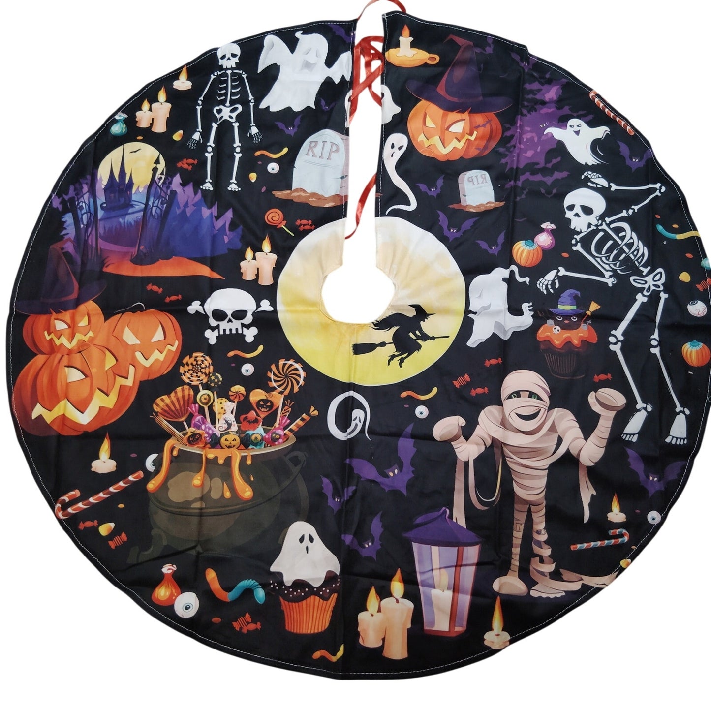 36" Halloween Tree Skirt – Haunted Scene with Ghosts, Skeletons, Witch & Moon