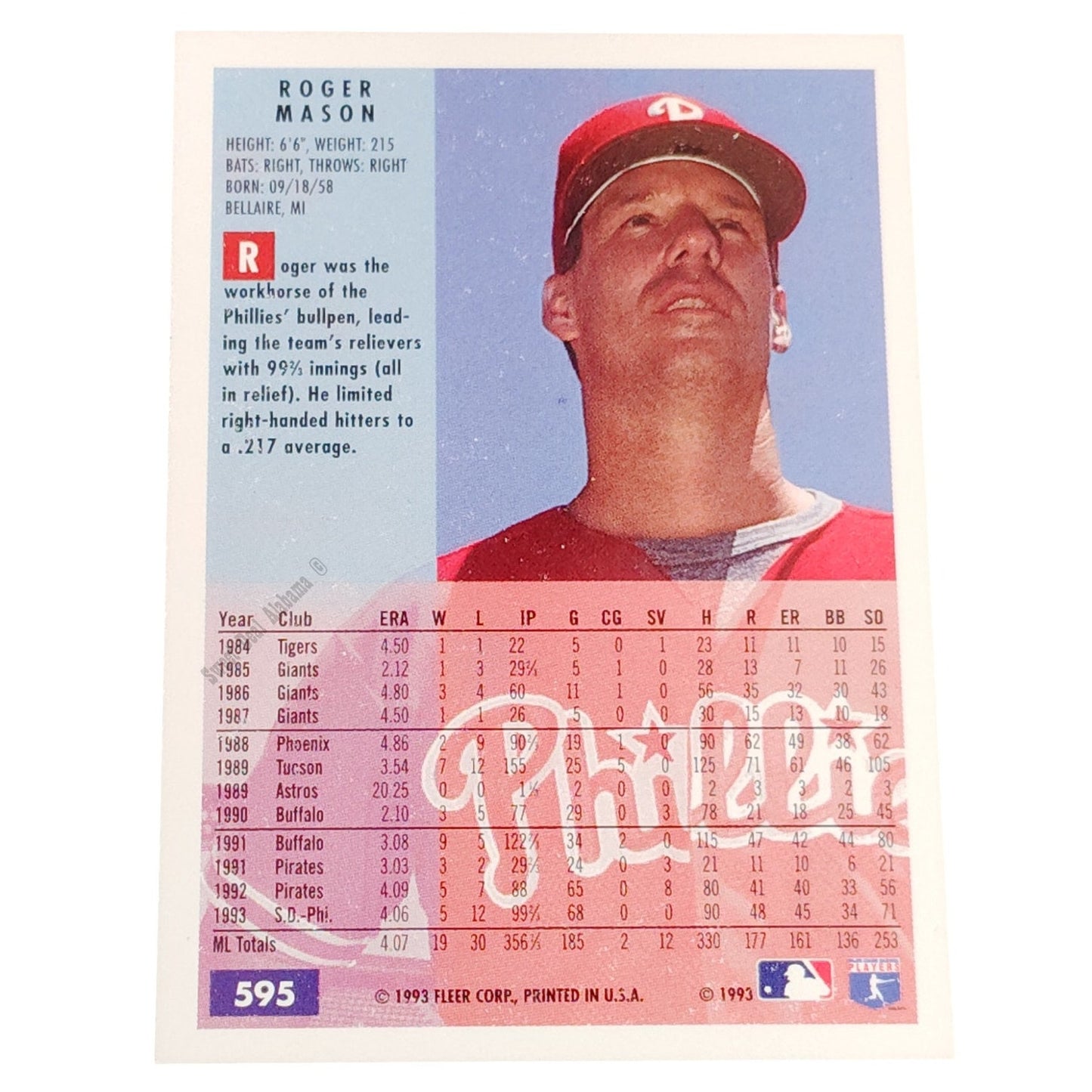 Roger Mason, Philadelphia Phillies #595, 1994 Fleer Baseball Collector's Card