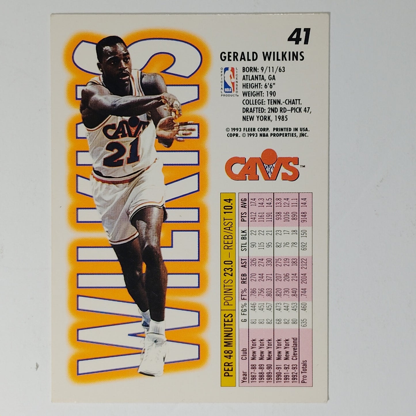 1993–94 Fleer Gerald Wilkins #41  Cleveland Cavaliers – Guard/Forward – NBA Card