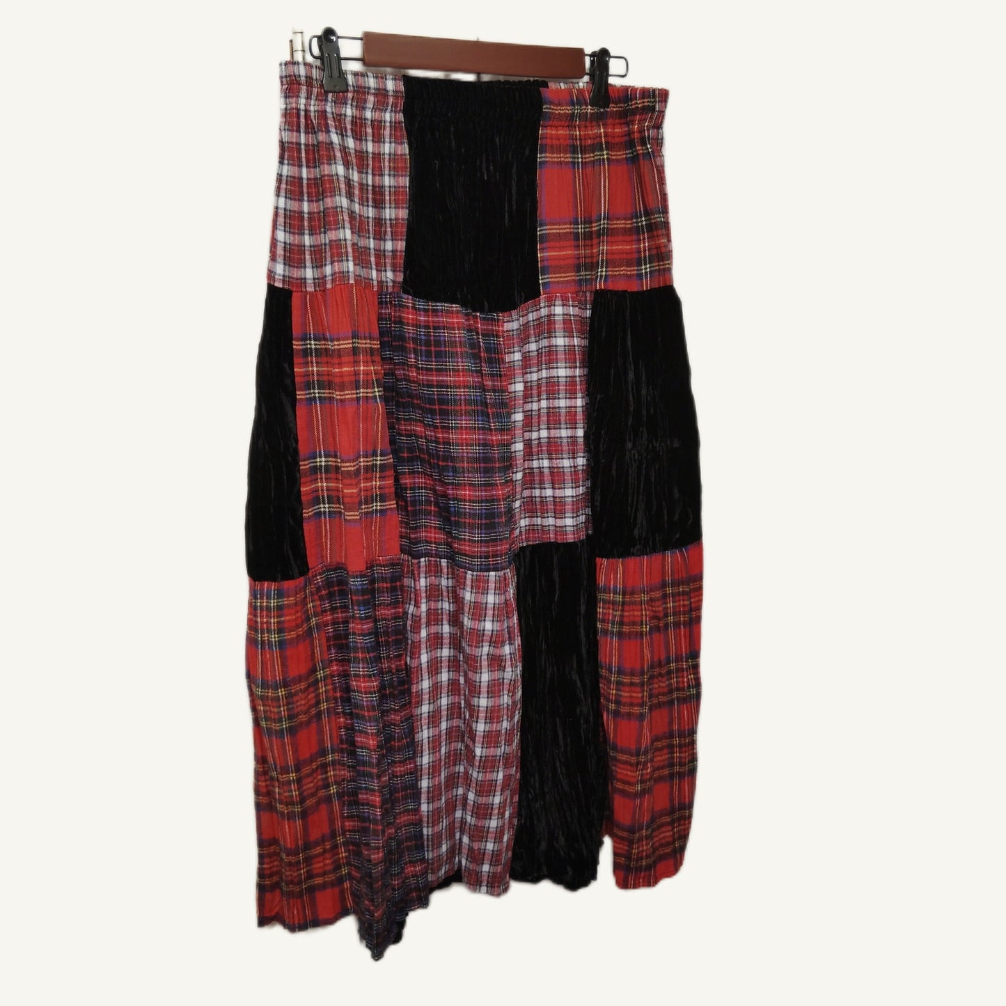 Coldwater Creek Vintage Plaid & Velvet Patchwork Maxi Skirt PL Red Black