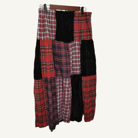 Coldwater Creek Vintage Plaid & Velvet Patchwork Maxi Skirt PL Red Black