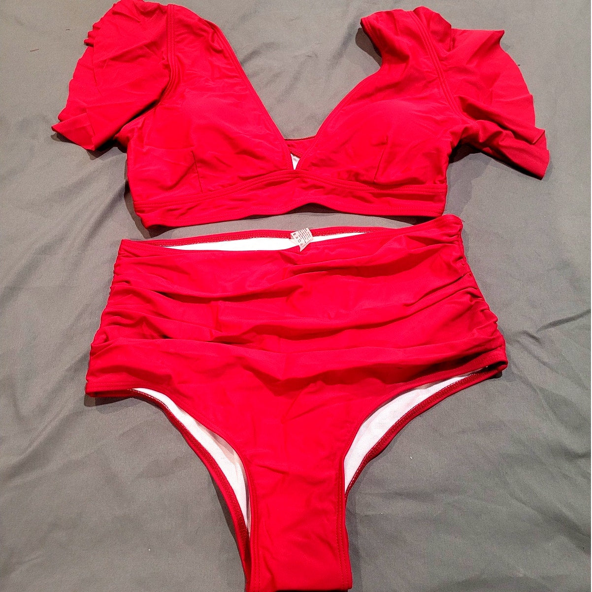 SPORLIKE Women Ruffle High Waist, Two Pieces Push Up Tropical Bikini, Red, L