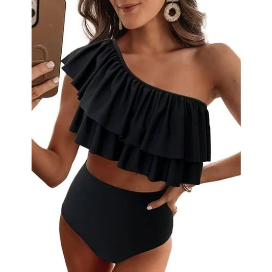 VIMPUNEC Ruffle One Shoulder, Cute High Waisted Two Piece, Black, L (10-12)