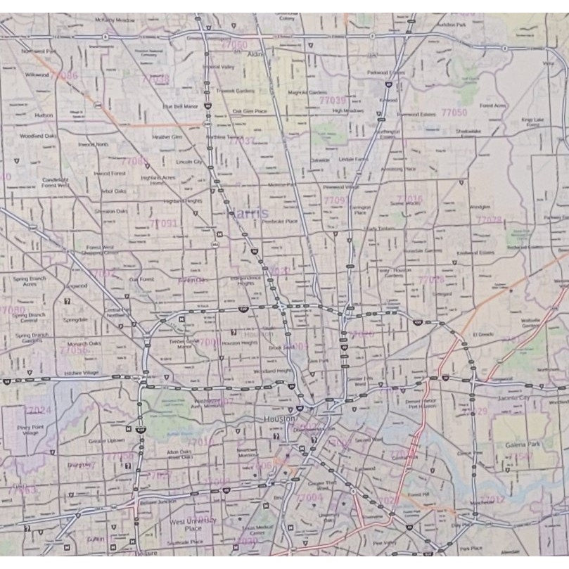 Harris County Texas 48" x 36" Laminated 2023 Zip Codes Map, Unframed