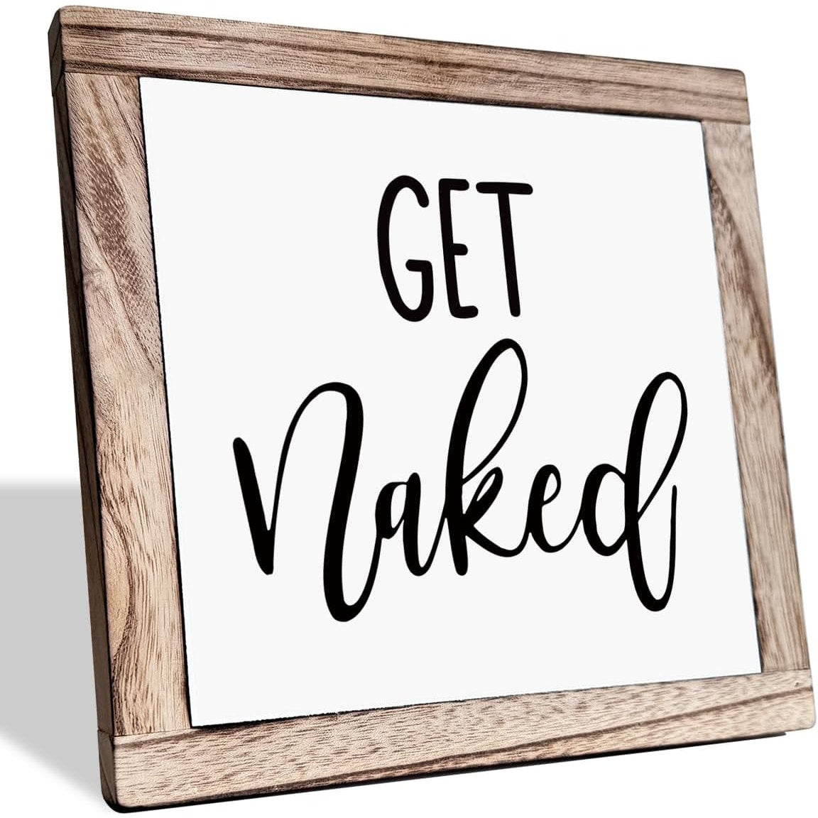 Get Naked Bathroom Sign – Funny Rustic Wood Plaque, 7.9" Sq., Bathroom Décor