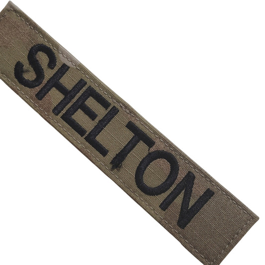 Name Tape “SHELTON” – OCP Scorpion W2 – Hook Back – 5" × 1" – Novelty Patch