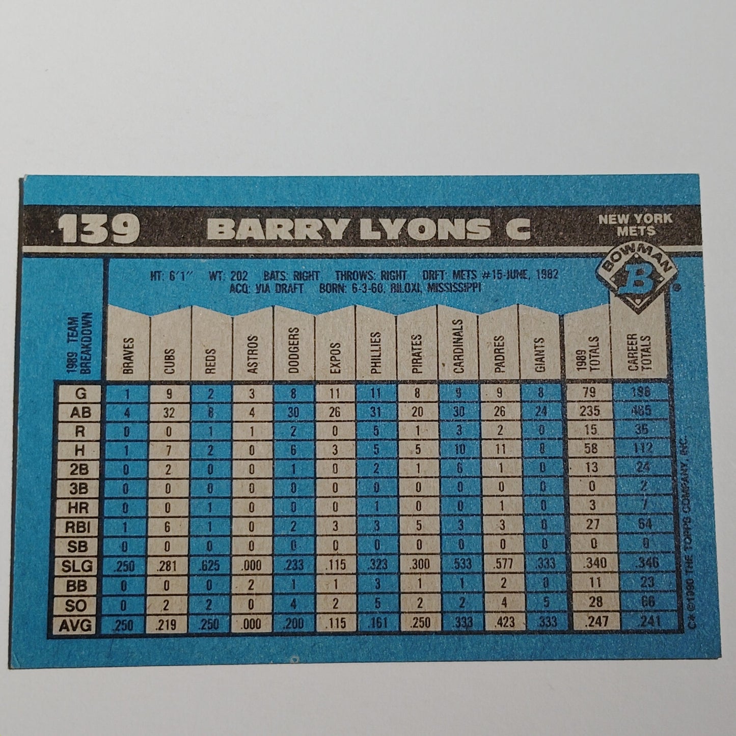 1990 Bowman Barry Lyons #139 New York Mets Catcher MLB Baseball Card NM