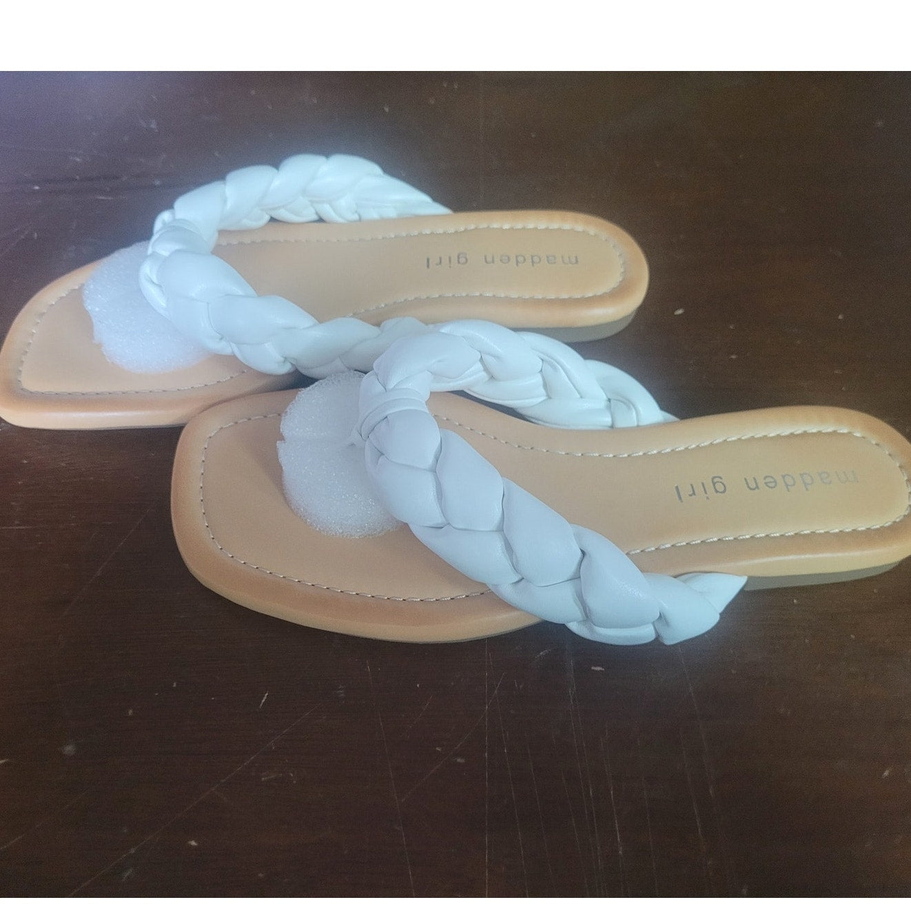 Madden Girl Precise Sandal – White Paris, Women’s 6, Braided Thong Flat Slip-On