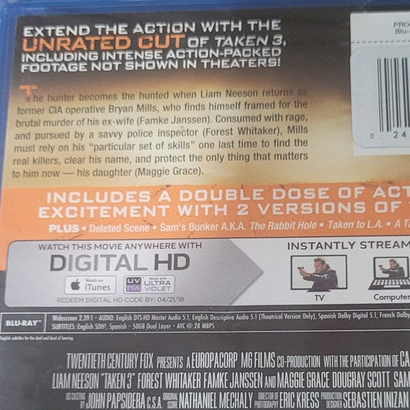 Taken 3 Unrated Blu-ray + Digital HD Combo Pack Liam Neeson Action Thriller 2015