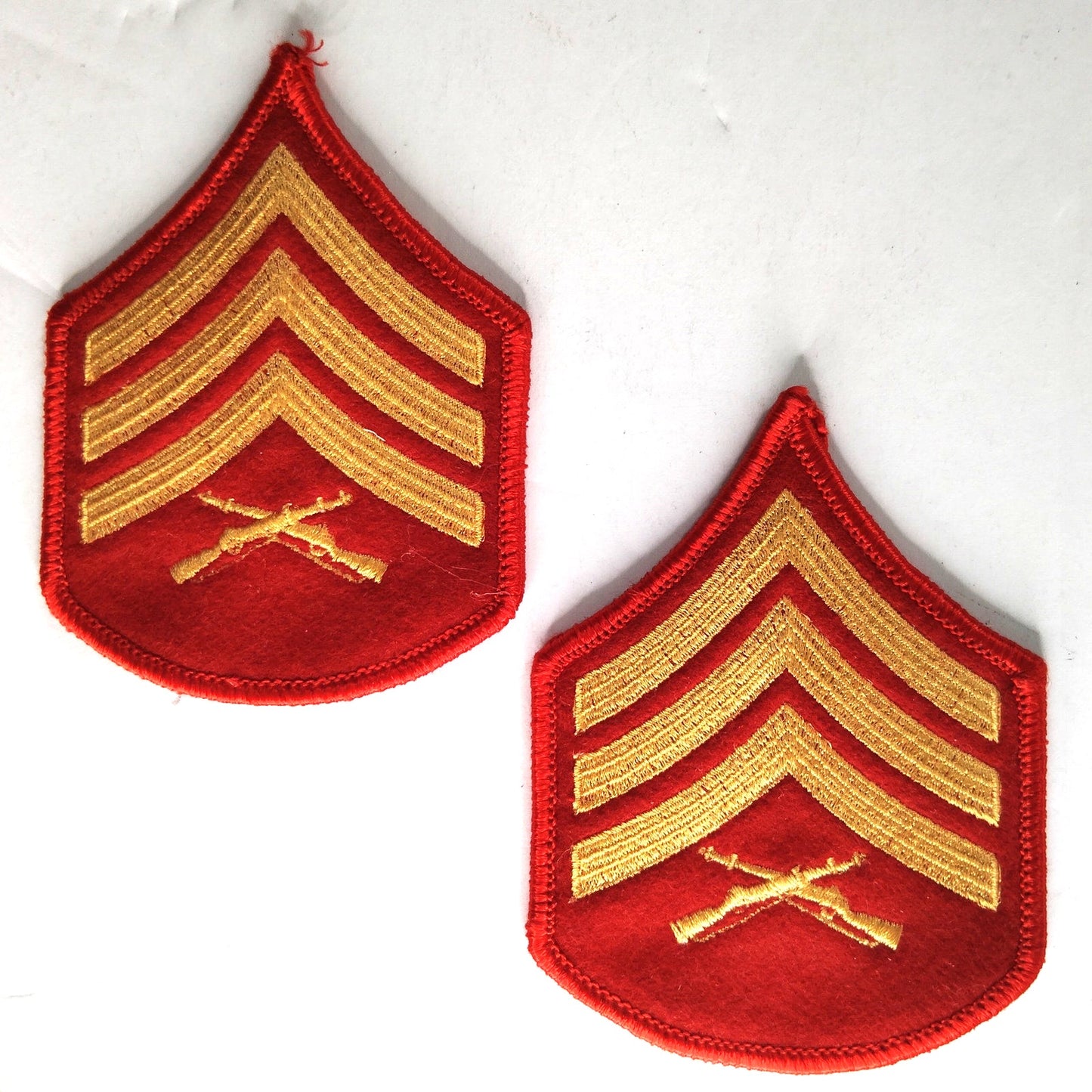 USMC Sergeant E‑5 Chevrons Pair Gold on Red Female 3‑1/2" × 2‑3/4" Sew‑On