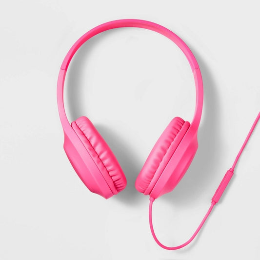 Heyday Neon Pink On-Ear Headphones – 4ft Wired Cable – Built-In Mic