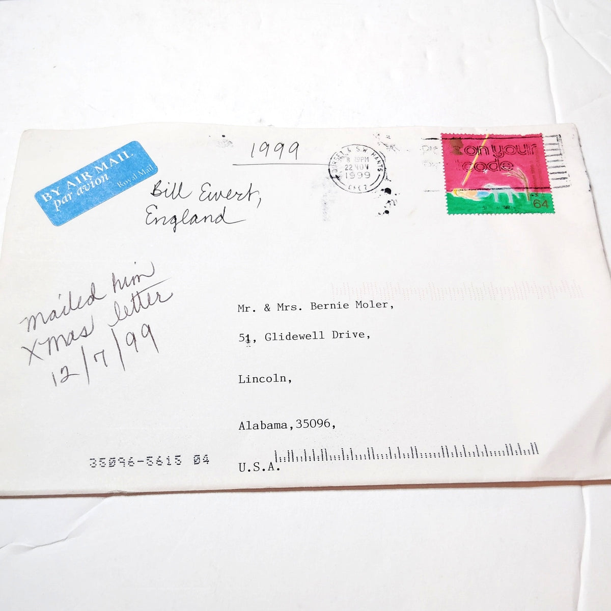 1999 Great Britain Christmas Carol 64p Stamp Air Mail Cover Royal Mail