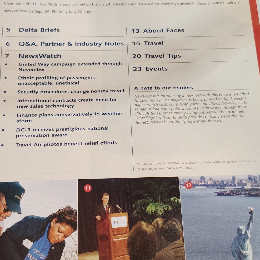 Delta News Digest - Oct 8, 2001 - Employee Reductions Post-9/11 Magazine