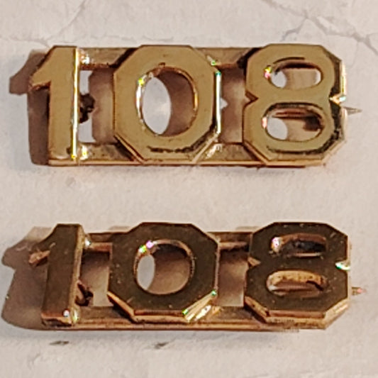 Early/Mid 1900s Brass C-Clasp "108" Collar Devices 3/8"H Hat / Lapel Pins Set