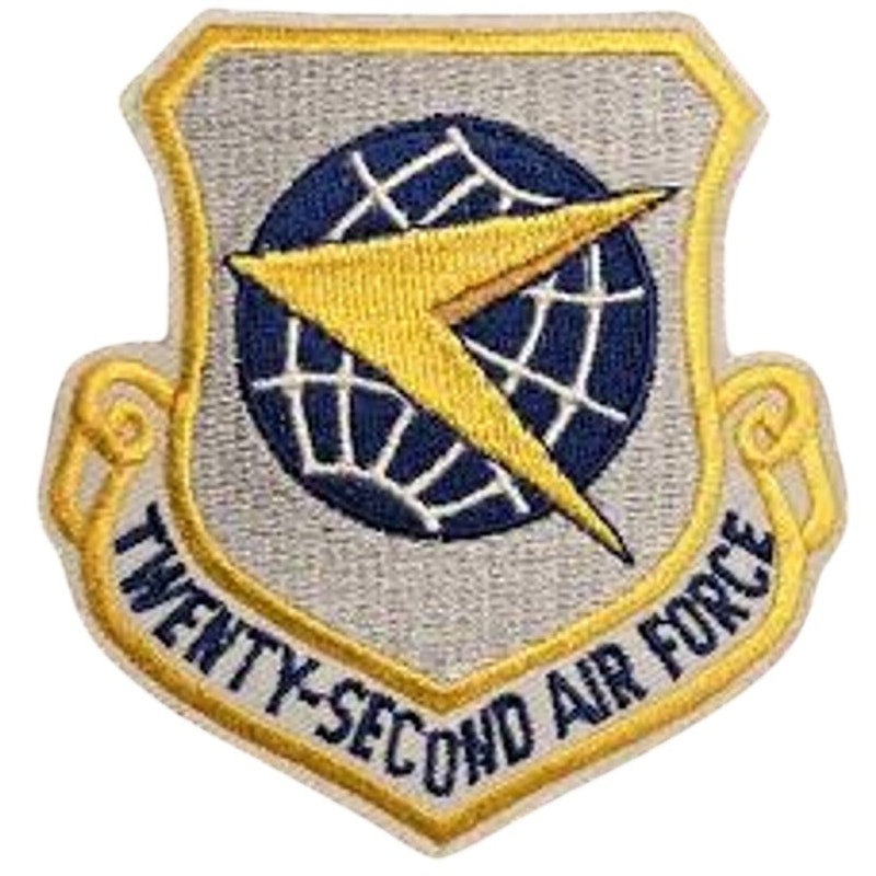 USAF 22nd Air Force Shield Patch Blue Globe Yellow Arrow 3‑1/8" × 3" Sew‑On