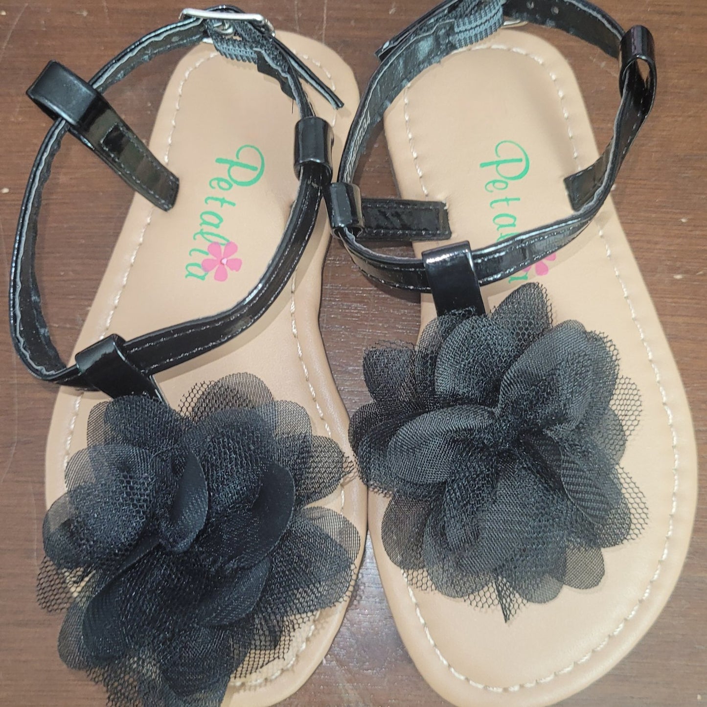 Petalia Toddler Girls' Sandals, 6,  Black Patent - Black Mesh Flower Sandal