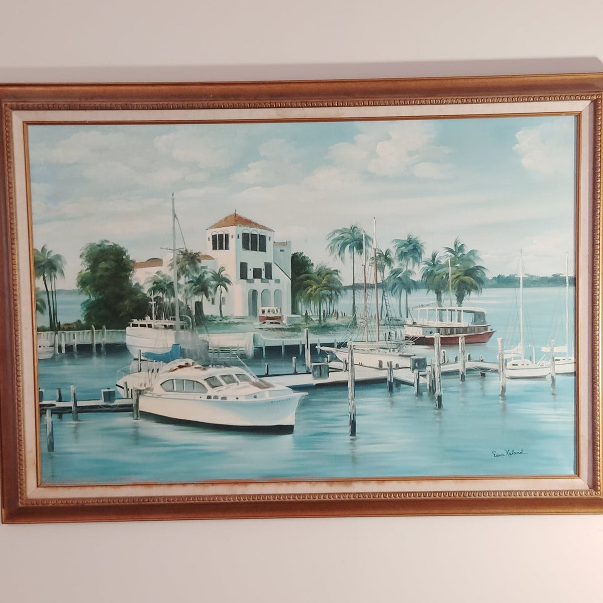 Fran Hyland Vintage Original Oil Painting Bradenton FL Marina Harbor Framed