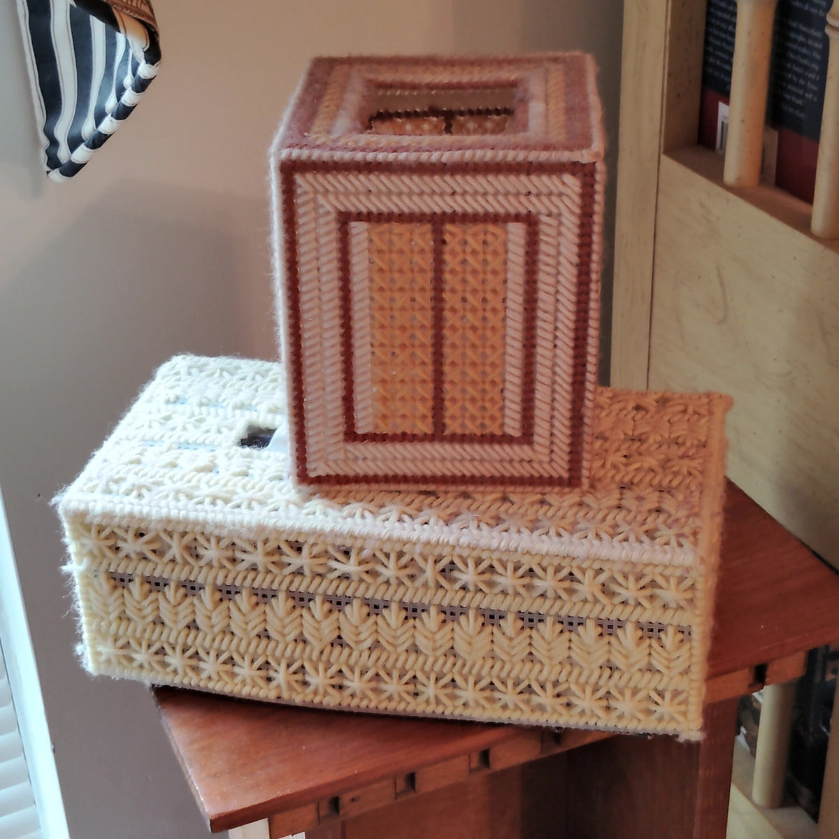 2-PCs - Vintage 1970s Handmade Plastic Canvas Tissue Box Covers – 2‑Piece Lot