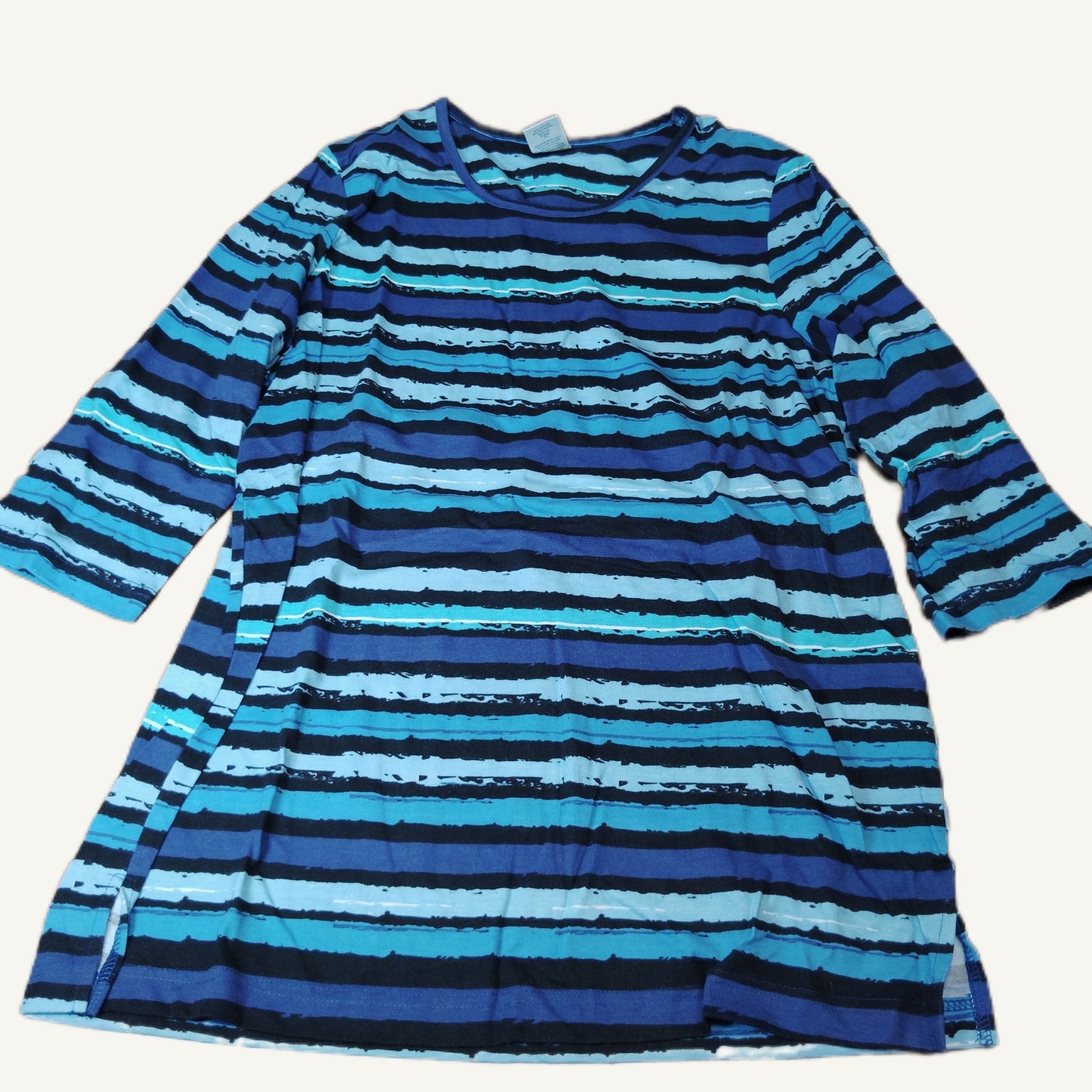Blair Women's Blue & Black Stripe 3/4 Sleeve Top - Ribbed Crew Neck Size L