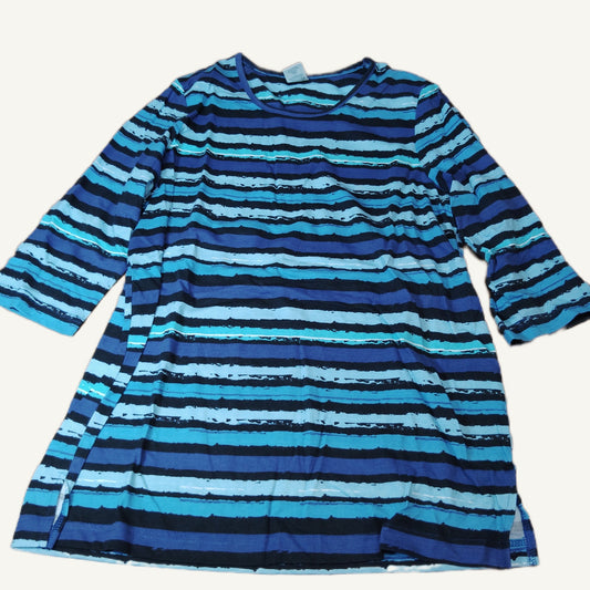 Blair Women's Blue & Black Stripe 3/4 Sleeve Top - Ribbed Crew Neck Size L