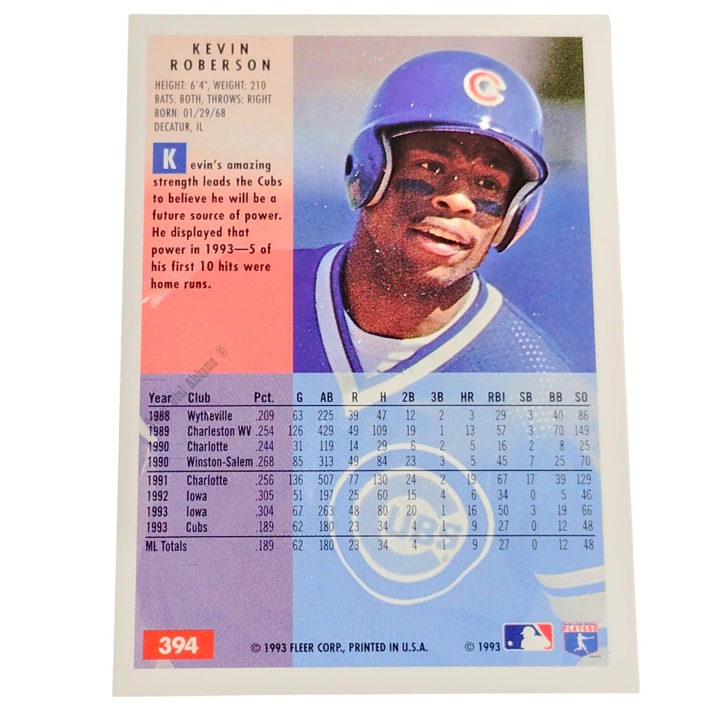 Kevin Roberson, Chicago Cubs, #394, 1994 Fleer Baseball Collector's Card