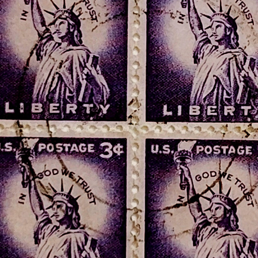 Block of 4 – 1954 USA 3¢ Statue of Liberty Scott 1035 – Liberty Series, Canceled