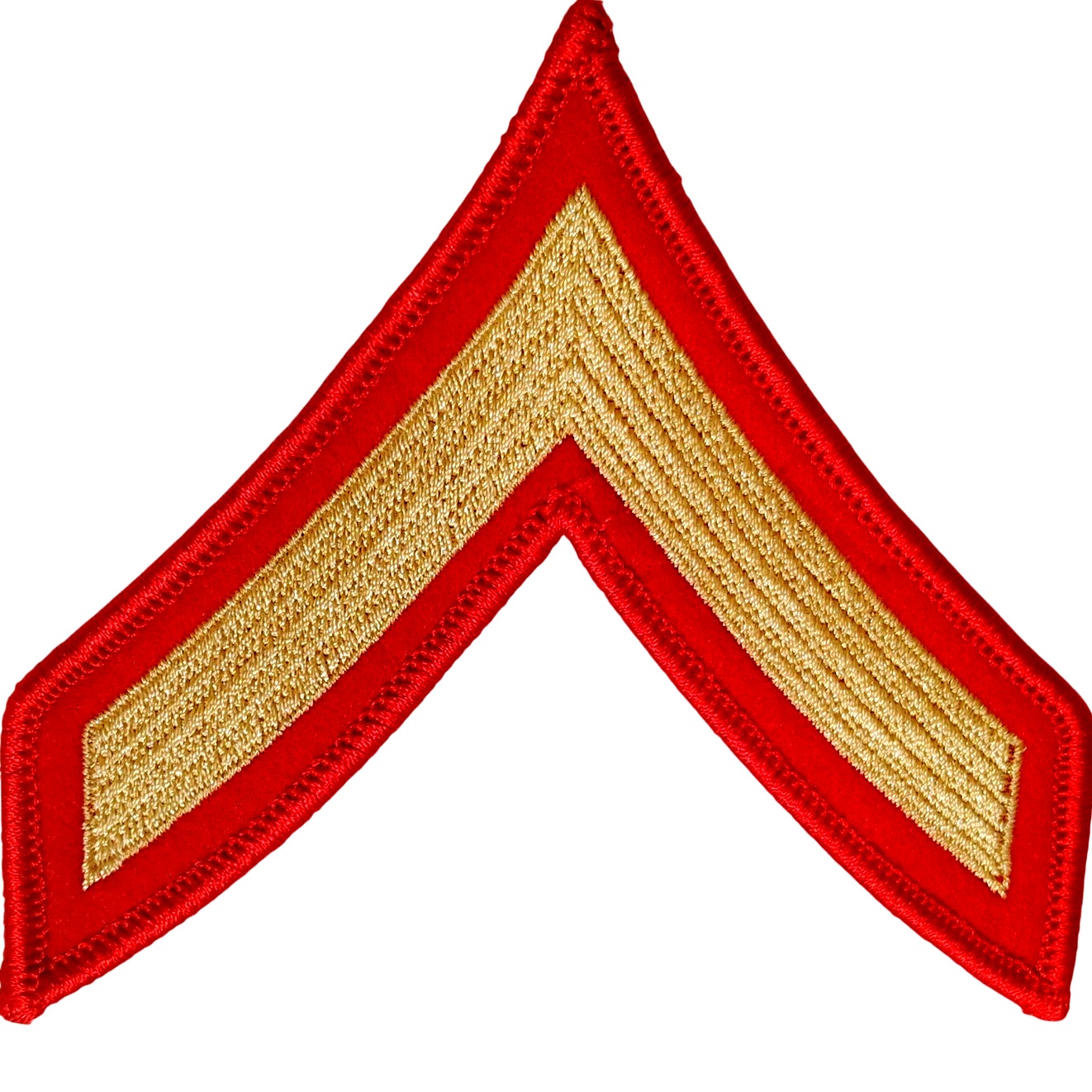 VTG U.S. Army PFC E‑3 Chevron Patch Set – Gold on Red – 3‑3/4" × 3‑1/2"