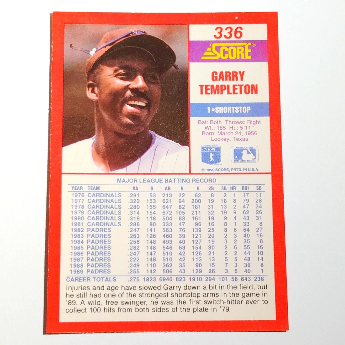 1990 Score Garry Templeton #336 San Diego Padres Shortstop MLB Baseball EX