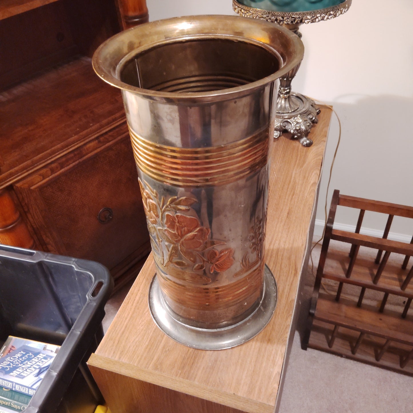 Vintage Embossed Brass and Copper Metal Umbrella Stand, India 20th Century