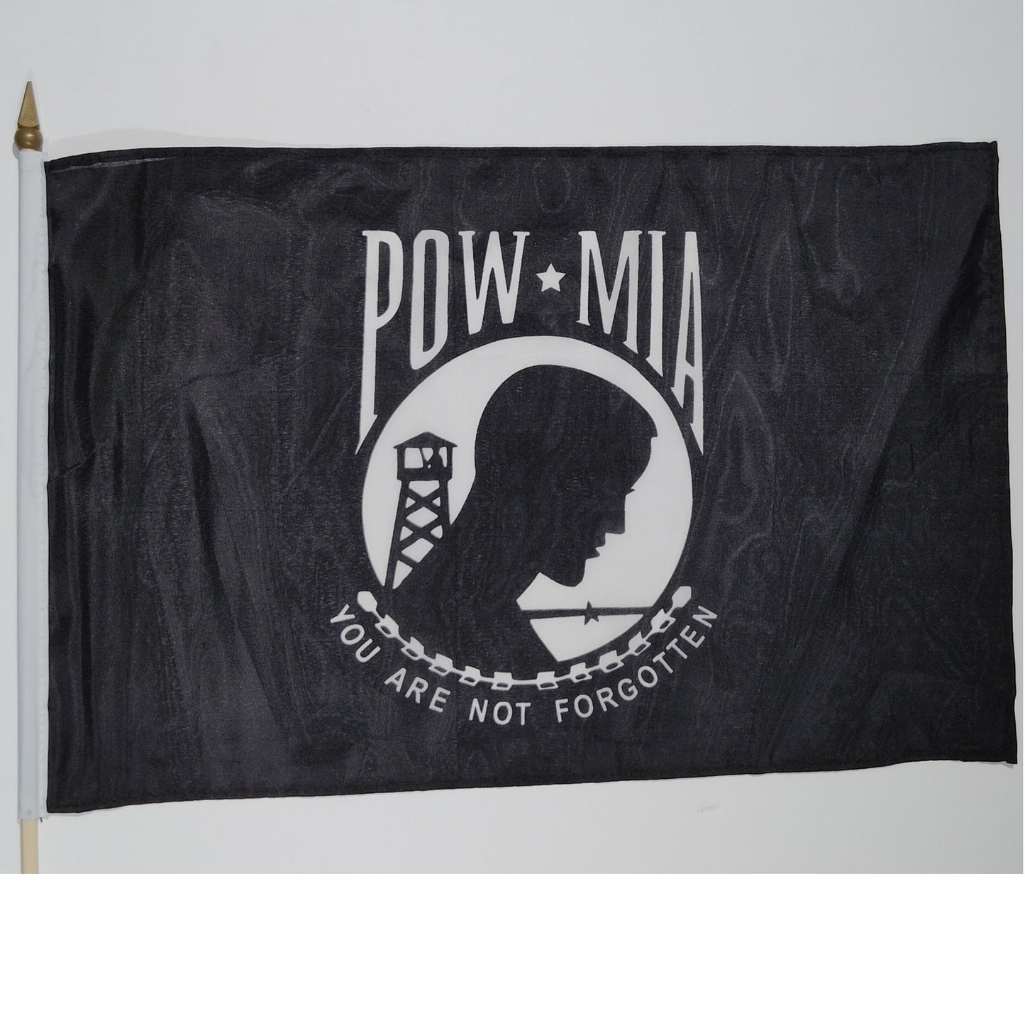 POWMIA 12x18in Stick Flag – 24" Wooden Pole – Bold Dye‑Sublimated Colors