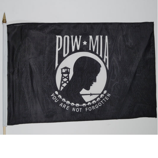 POWMIA 12x18in Stick Flag – 24" Wooden Pole – Bold Dye‑Sublimated Colors