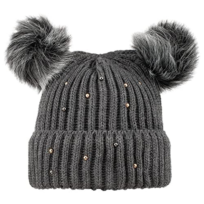SYT LBI Express Winter Hat Cable Knit Beanie, Faux Fur Pompom Ears Anthracite