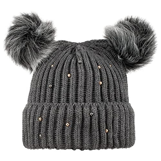 SYT LBI Express Winter Hat Cable Knit Beanie, Faux Fur Pompom Ears Anthracite