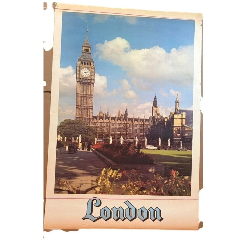 Vintage London Big Ben Parliament Square Travel Poster 1960s-70s - 37.5" x 25.5"