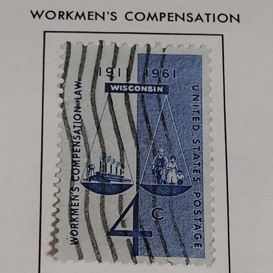 1961 Scott #1186 – 4¢ Workmen’s Compensation Law / Wisconsin Centennial