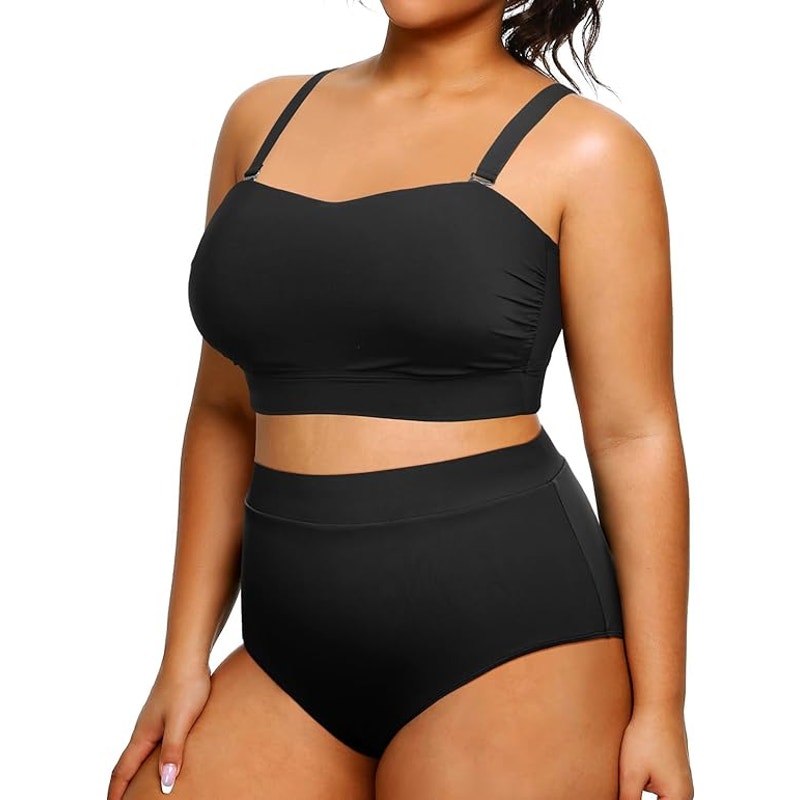 Tempt Me Plus Size High Waisted Bikini Bandeau Two Piece, Black 12 Plus (12W)