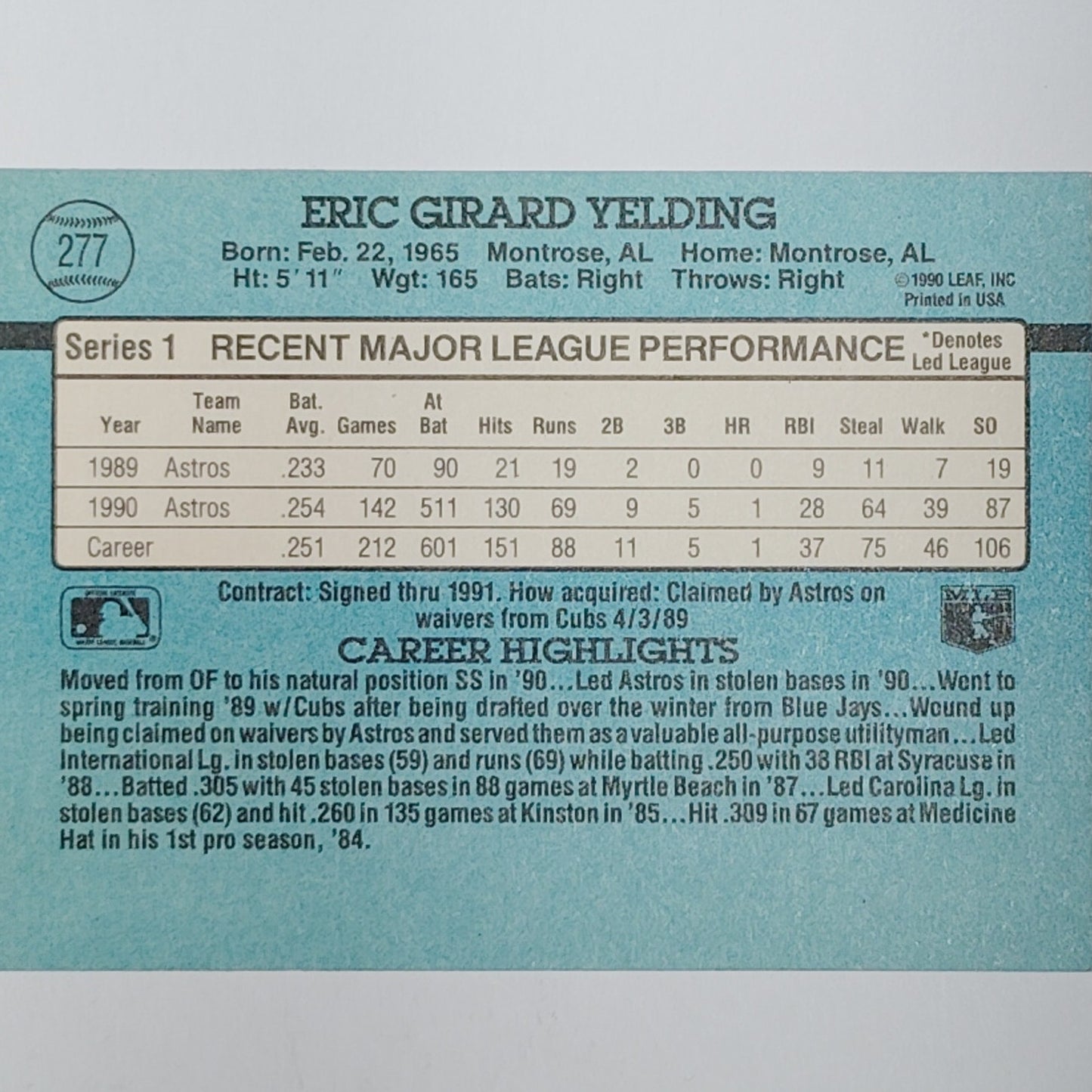 1991 Donruss #277 Eric Yelding Houston Astros Outfielder - VG/EX