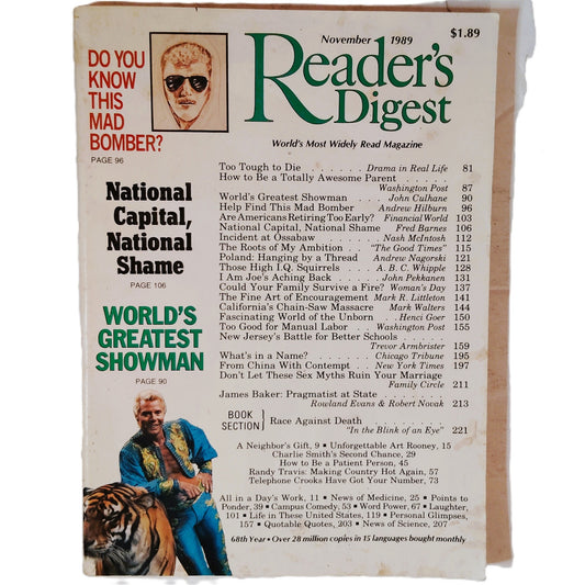 Reader's Digest Nov 1989 Mag - Mad Bomber Cover Ringling Tiger Showman & Macaws