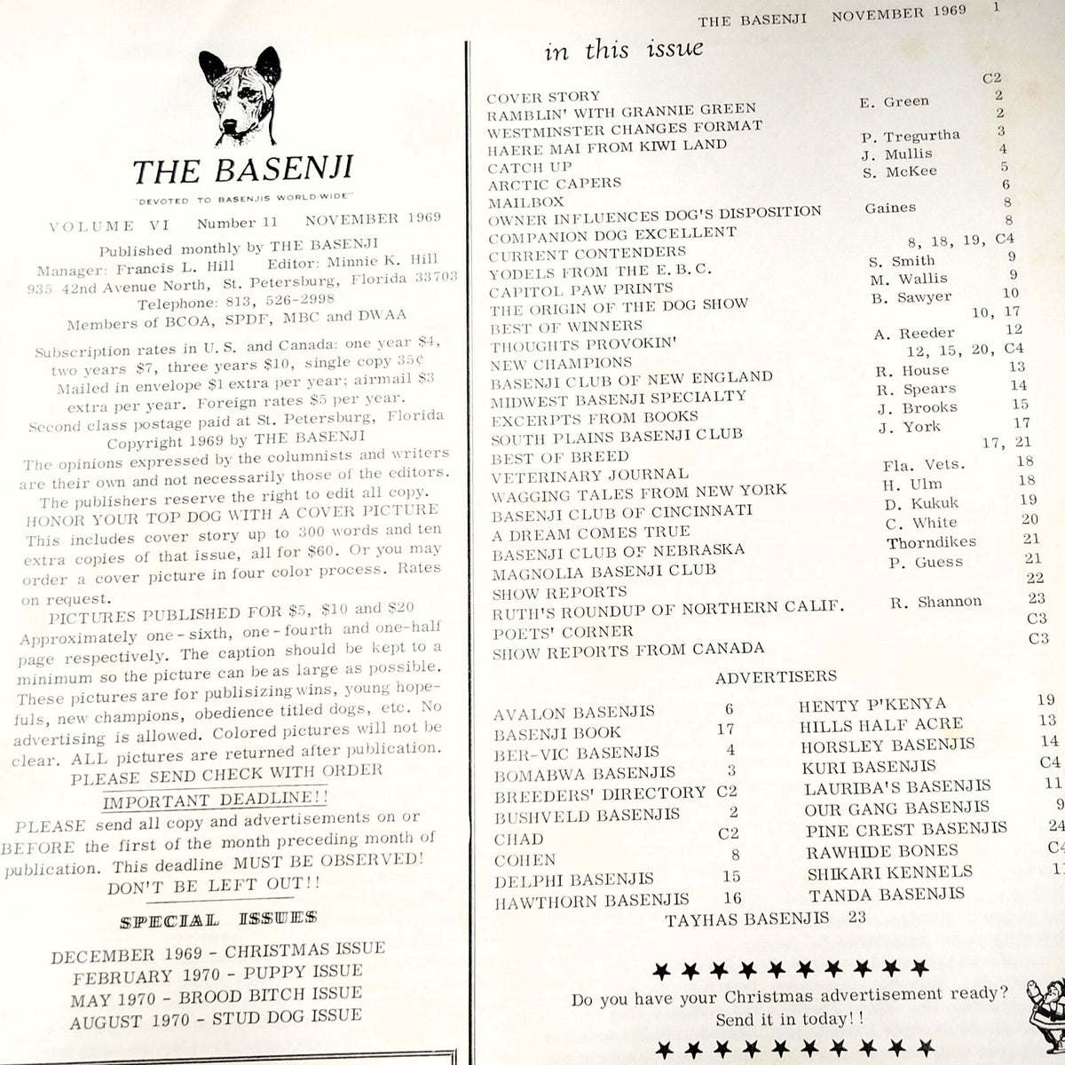 Vintage The Basenji Magazine November 1969 Vol VI No 11 Champion Ubombo