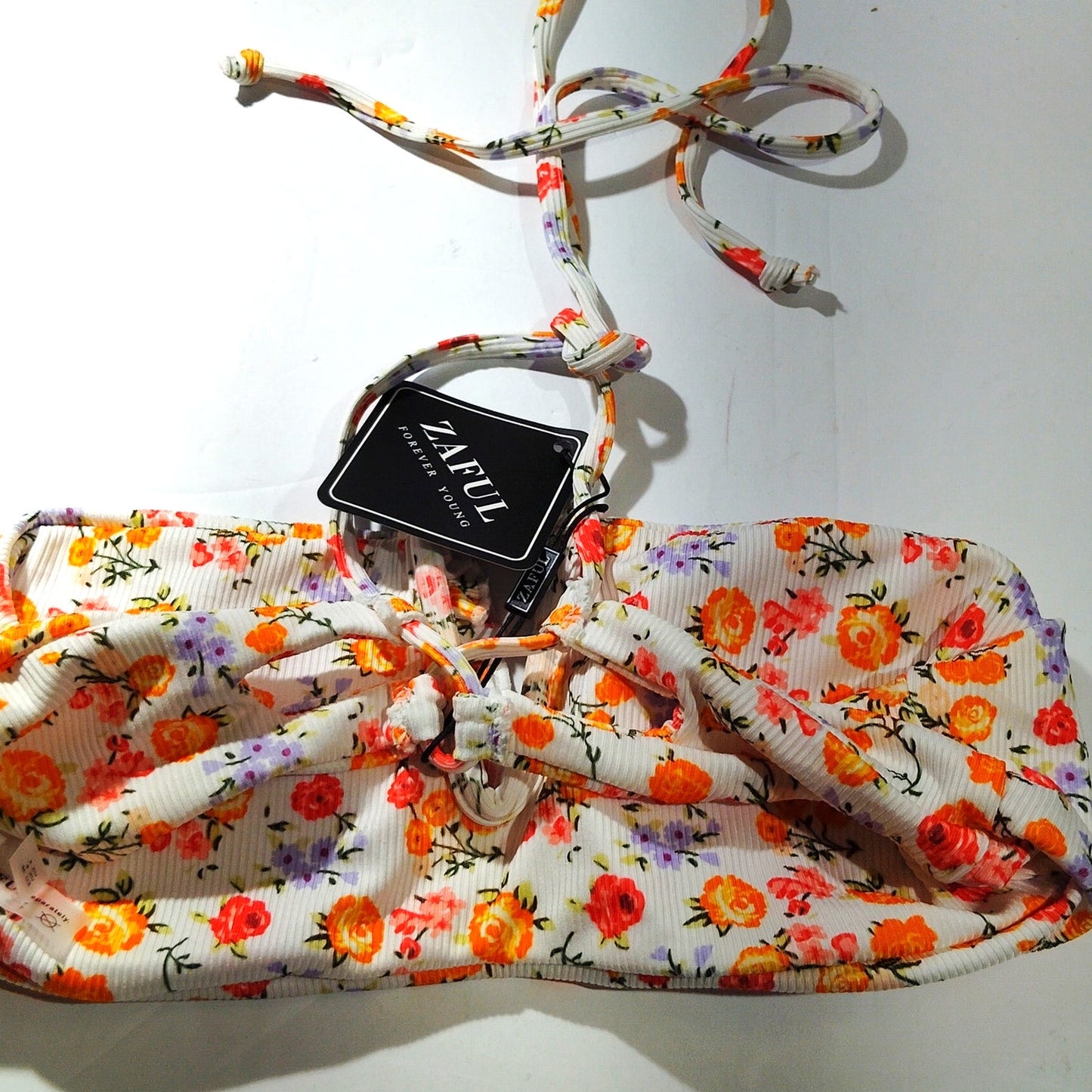 ZAFUL Women’s Floral Ribbed V‑Notch Bikini Top – White Multi – 4 (SM) – NWT