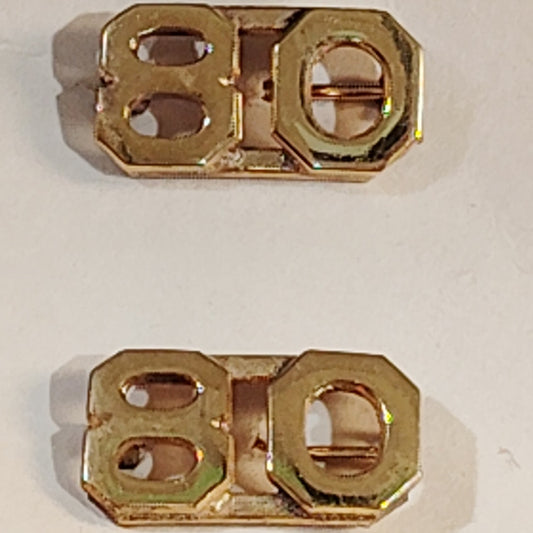 Early/Mid 1900s Brass C-Clasp "80" Collar Devices 3/8"H Hat / Lapel Pins Set