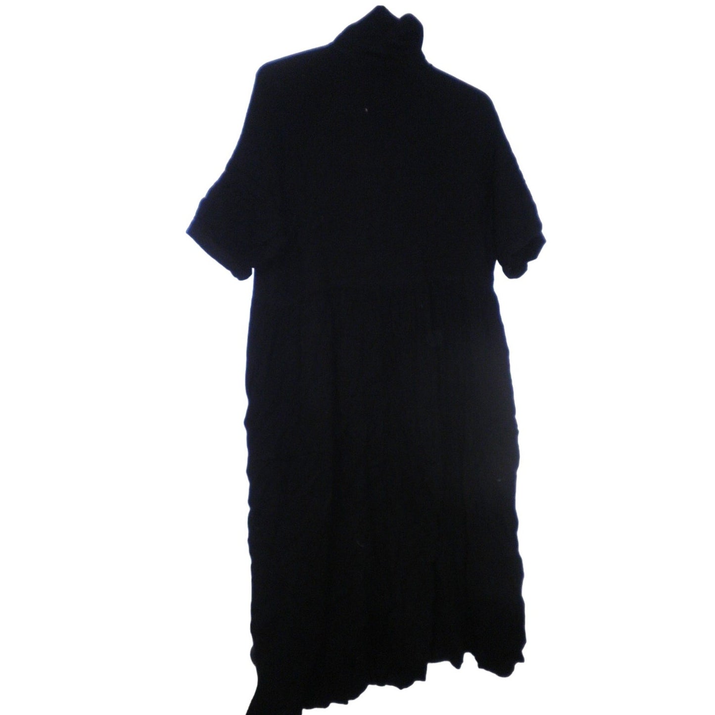 Summer Cotton Half Sleeves Button Down Loose Slit Midi Dress w/ Pockets, Blk, SM