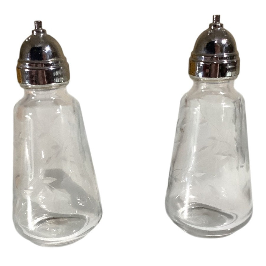 Vintage Crystal Salt and Pepper Shakers, Etched Floral and Vine Design