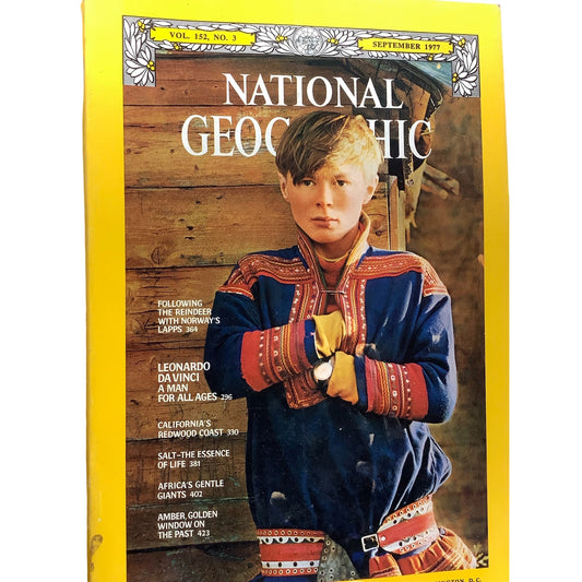 National Geographic September 1977 -Salt, California's North Coast, Leonardo da Vinci, Norway's Reindeer, Fossils, Africa, Rothschild Giraffe...